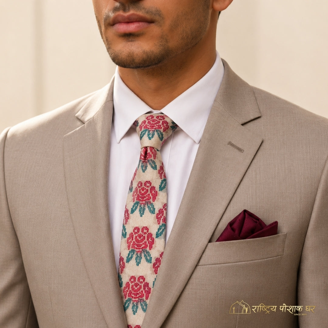Cream Traditional Laligurans Design Nepali Tie