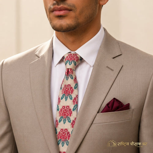 Cream Traditional Laligurans Design Nepali Tie