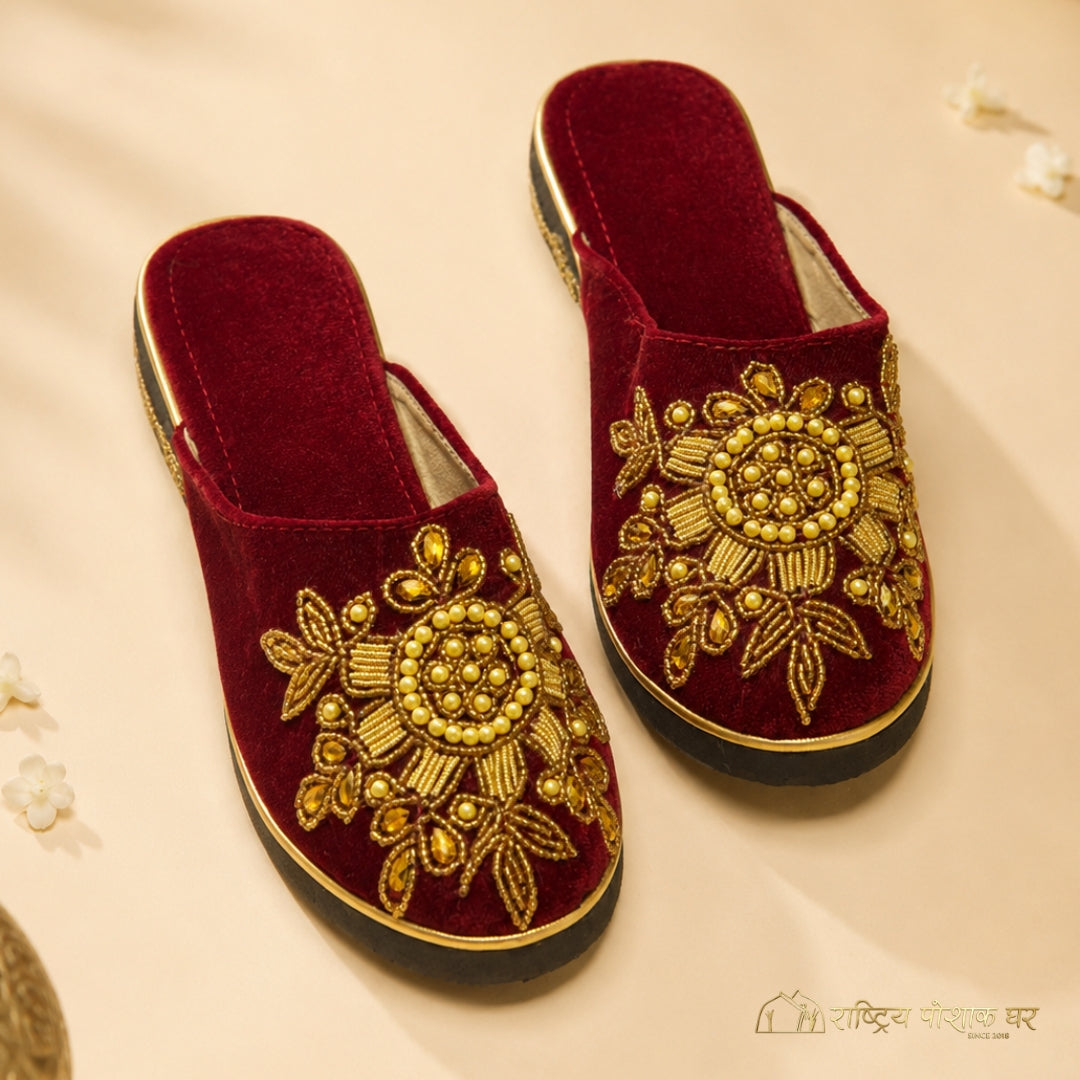 Embroidered Velvet Ethnic Mule Shoes