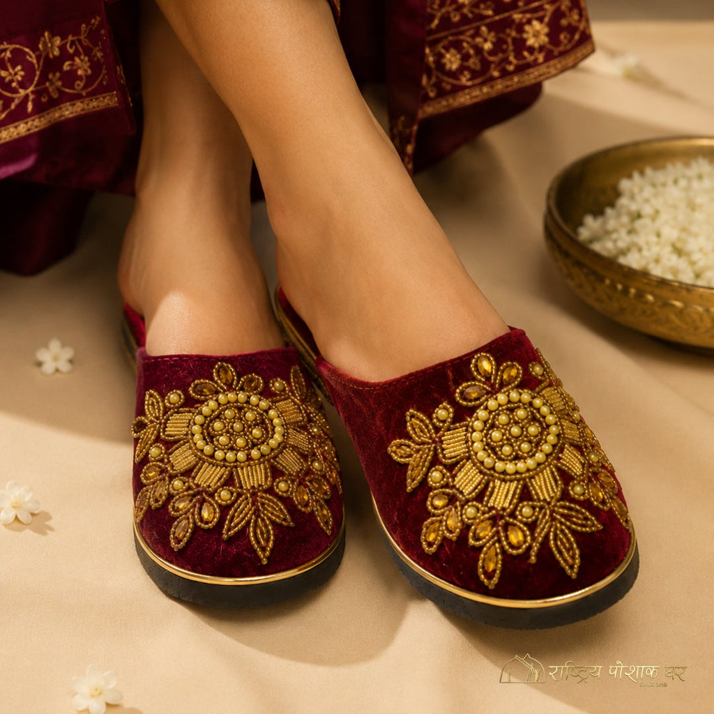 Embroidered Velvet Ethnic Mule Shoes