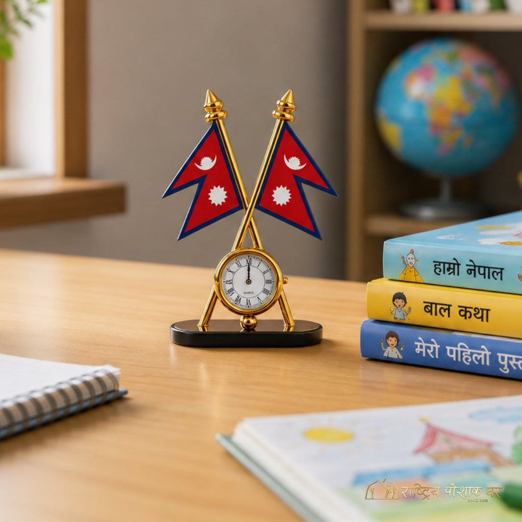 Two Nepali Flags with Stand and Clock